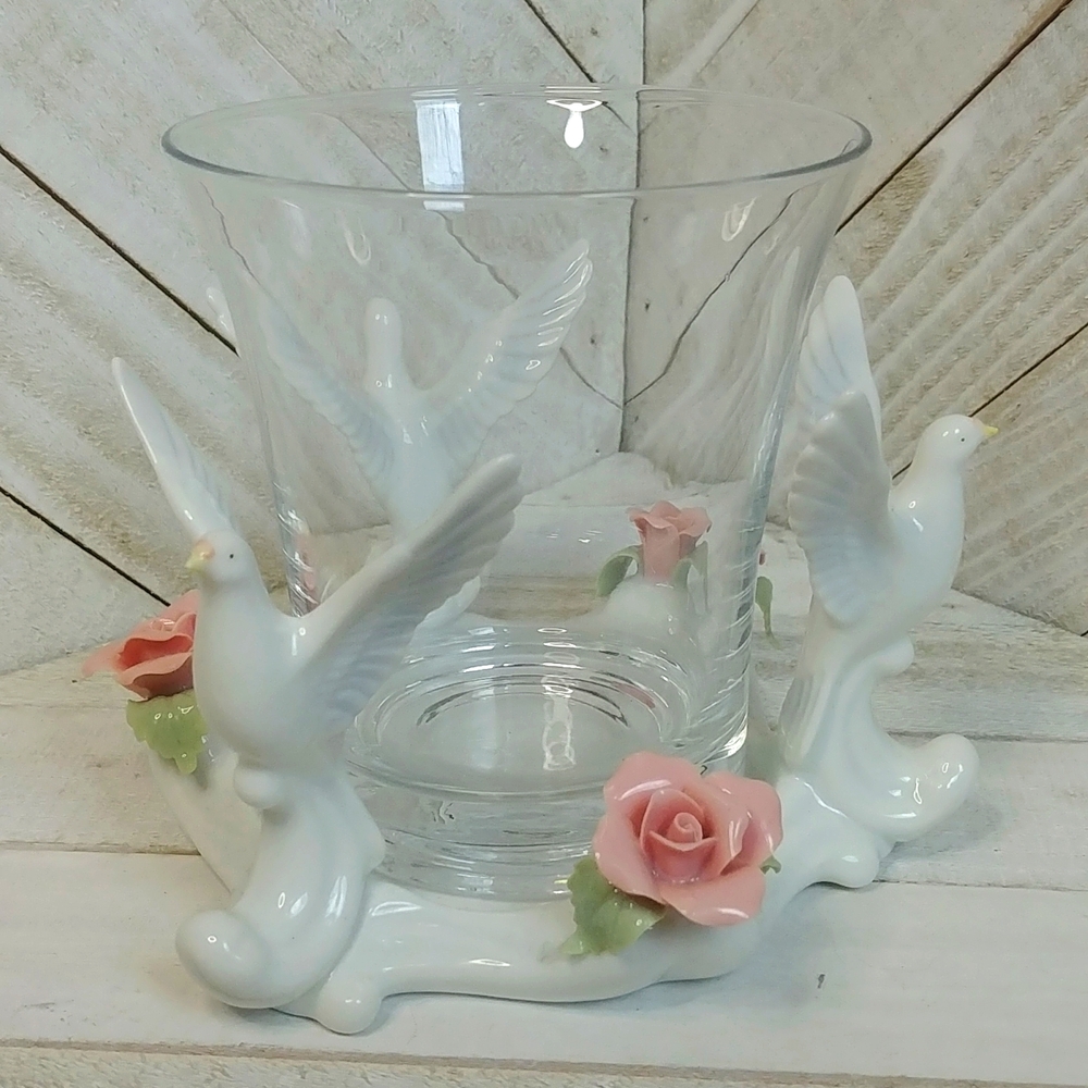 Vintage 1999 Doves and Roses Candle Holder with Glass Insert